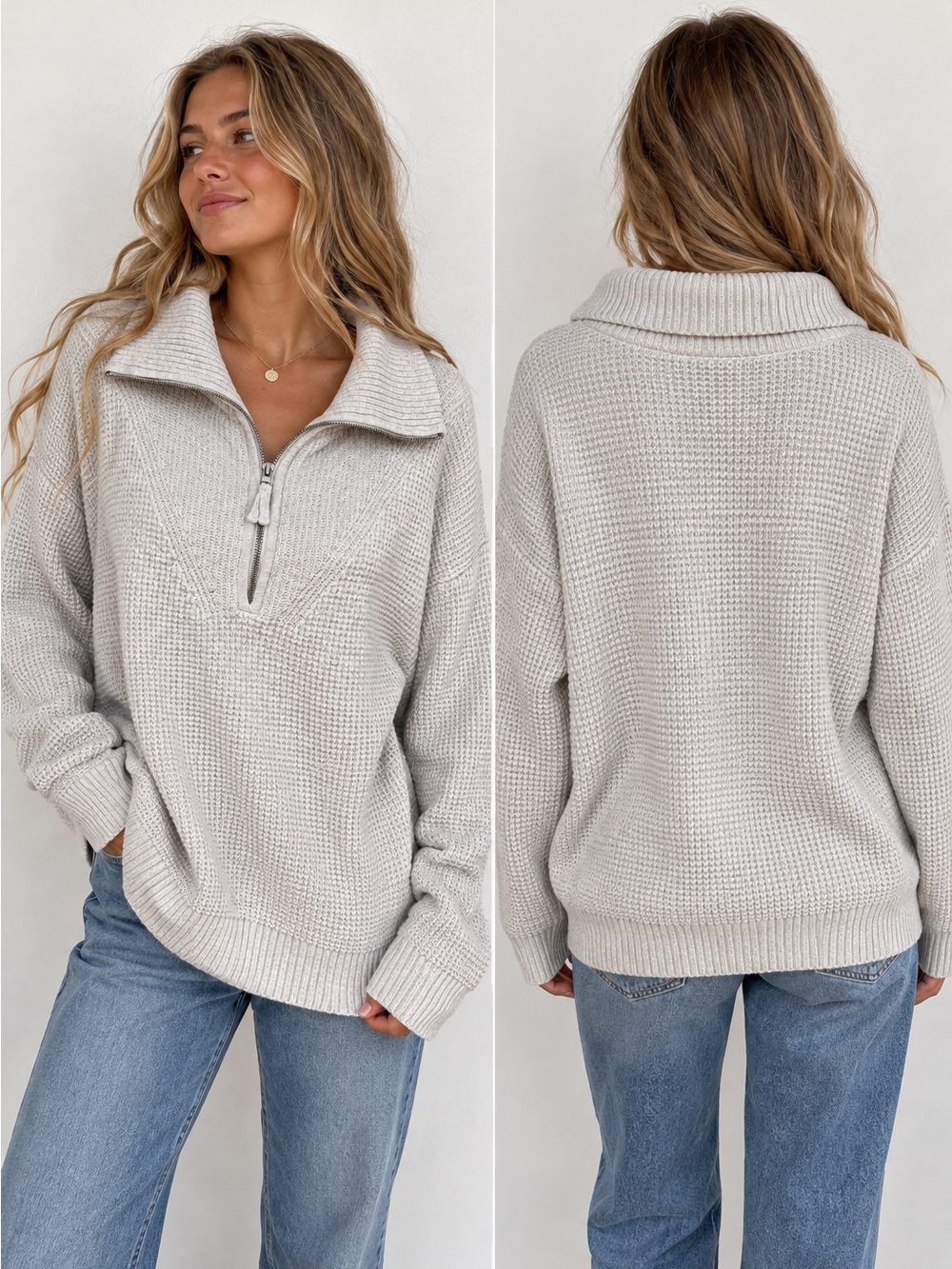 Aerie Size Small Ivory Gray Waffle Knit Half Zip Sweater Pullover OVERSIZED